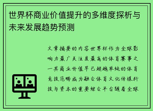 世界杯商业价值提升的多维度探析与未来发展趋势预测 世界杯商业价值提升的多维度探析与未来发展趋势预测