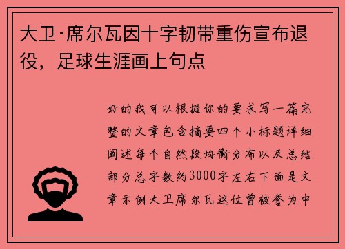 大卫·席尔瓦因十字韧带重伤宣布退役，足球生涯画上句点